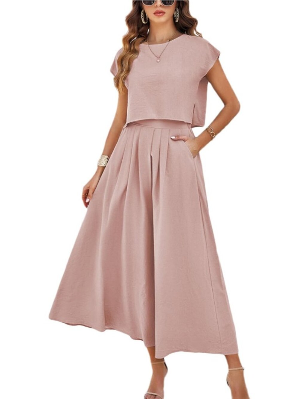 Women's Pink Casual 2 Piece Outfits Crop Tops Cap Sleeve Waisted Maxi Dresses